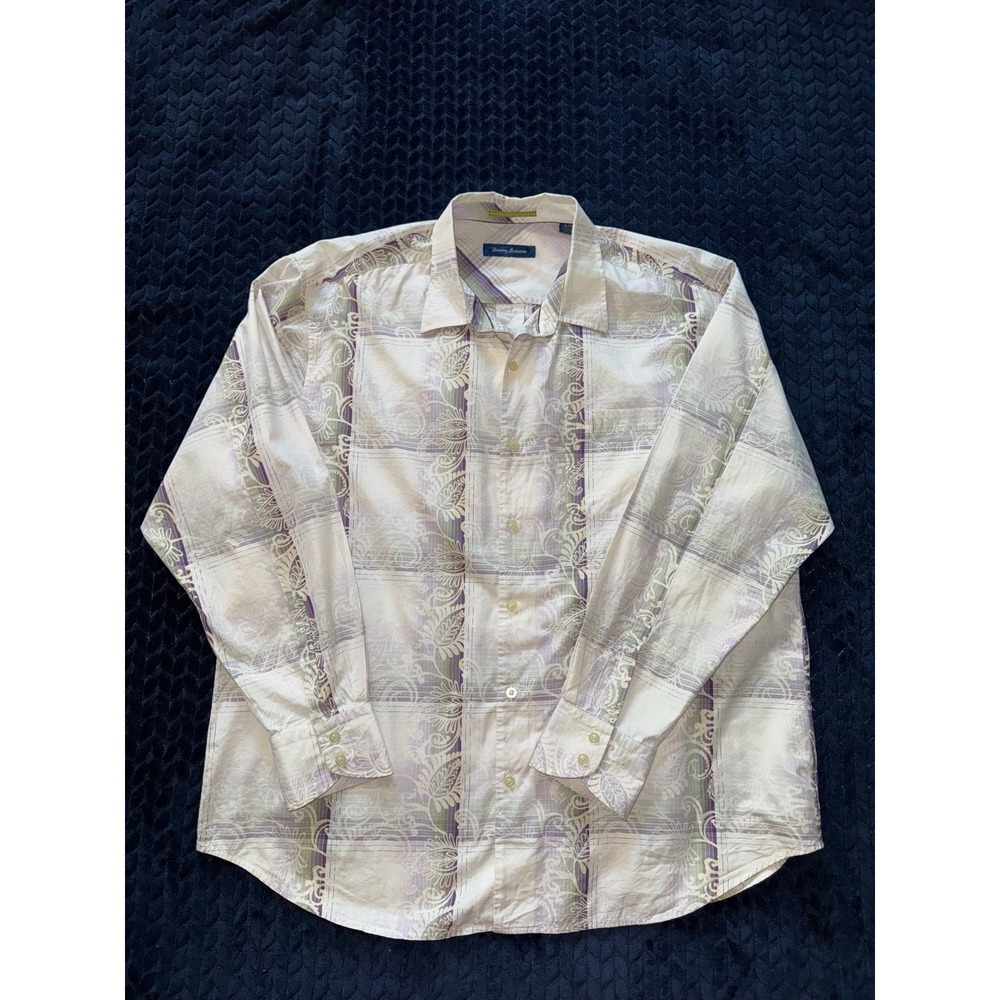 Tommy Bahama Men's Shirt Paisley Cotton Silk Button Up Beige Purple Size XL